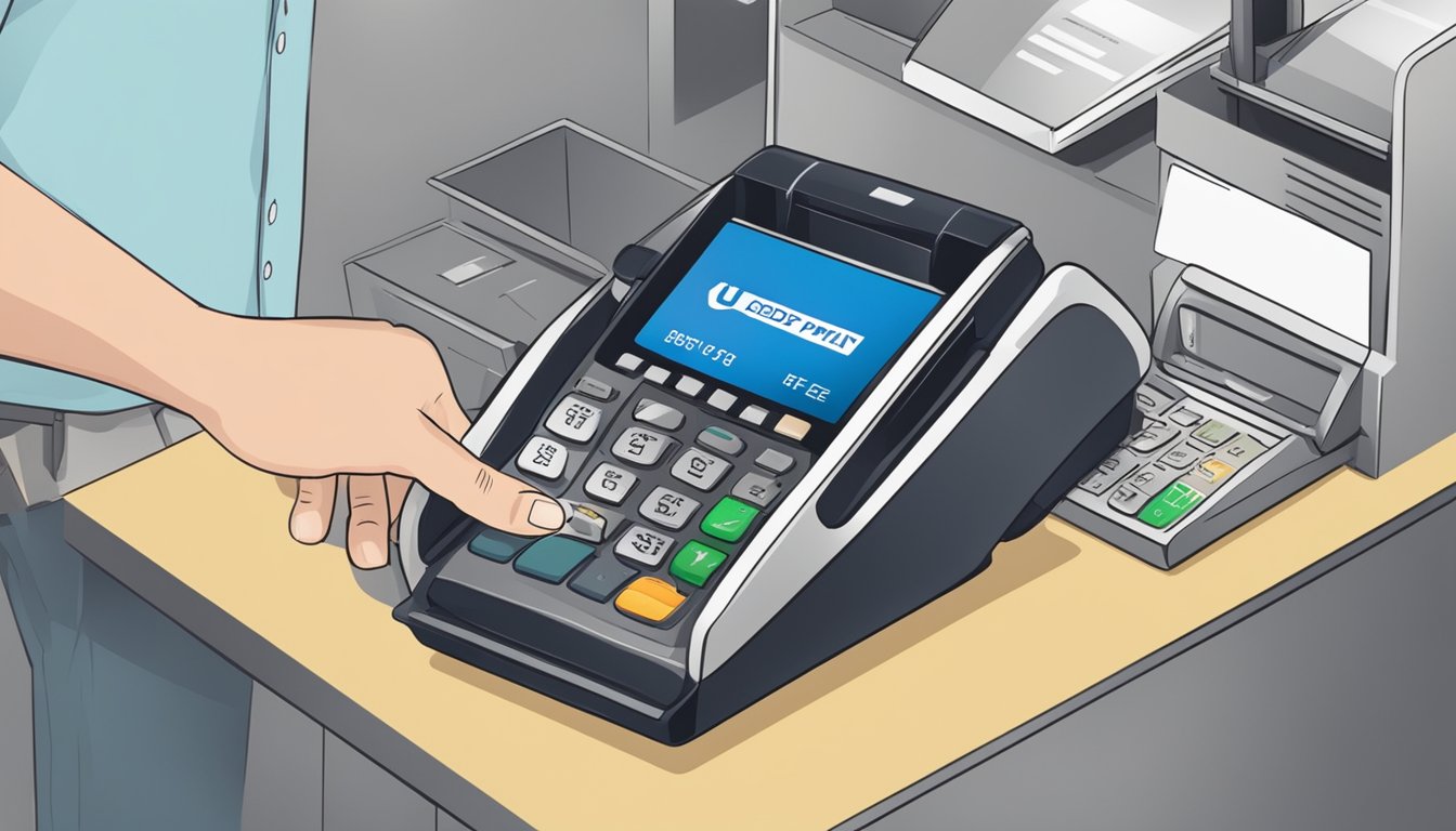 A hand reaching out to insert a credit card into a payment terminal, with a sign displaying "Additional Services and Fees" at a UOB CashPlus repayment counter in Singapore