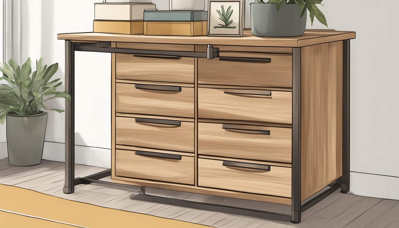 A small wood drawer unit sits on a table, with three drawers and metal handles. The wood is a warm, medium tone, and the unit has a simple, clean design