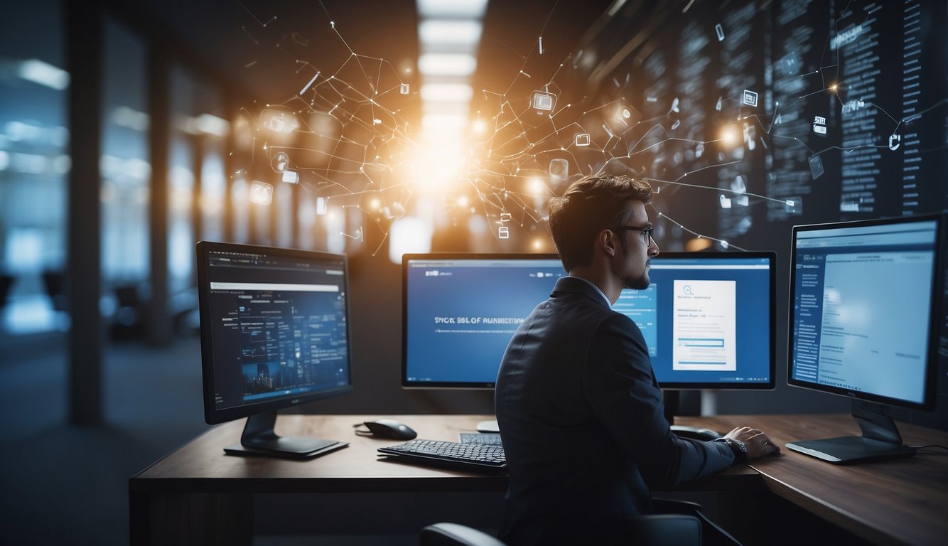 A person on a computer screen, surrounded by virtual meeting windows, multitasking and problem-solving