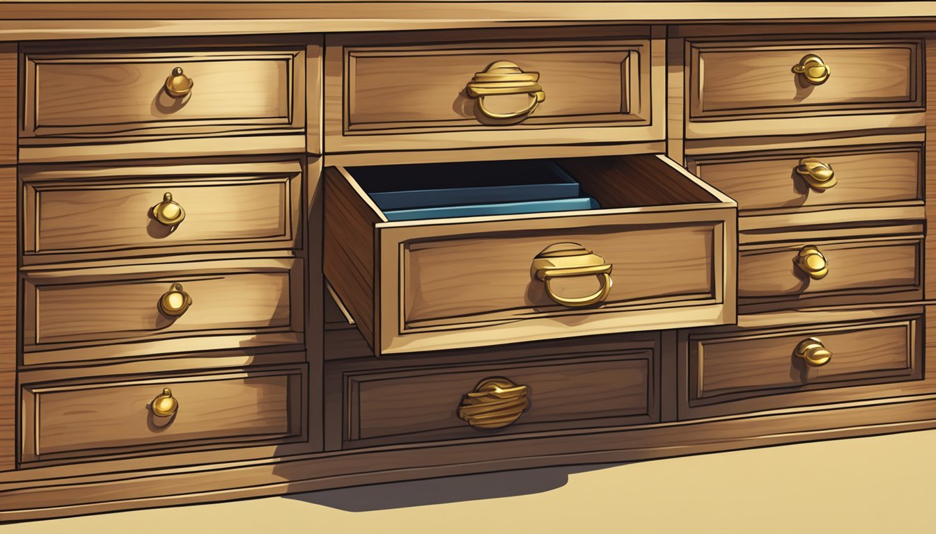 A small wood drawer unit with multiple drawers, brass handles, and a smooth finish sits atop a sturdy tabletop in a well-lit room