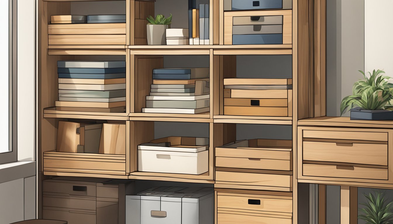 A small wood drawer unit sits against a wall, neatly organizing various items. The drawers are open, revealing their contents. The unit is placed in a room with ample natural light