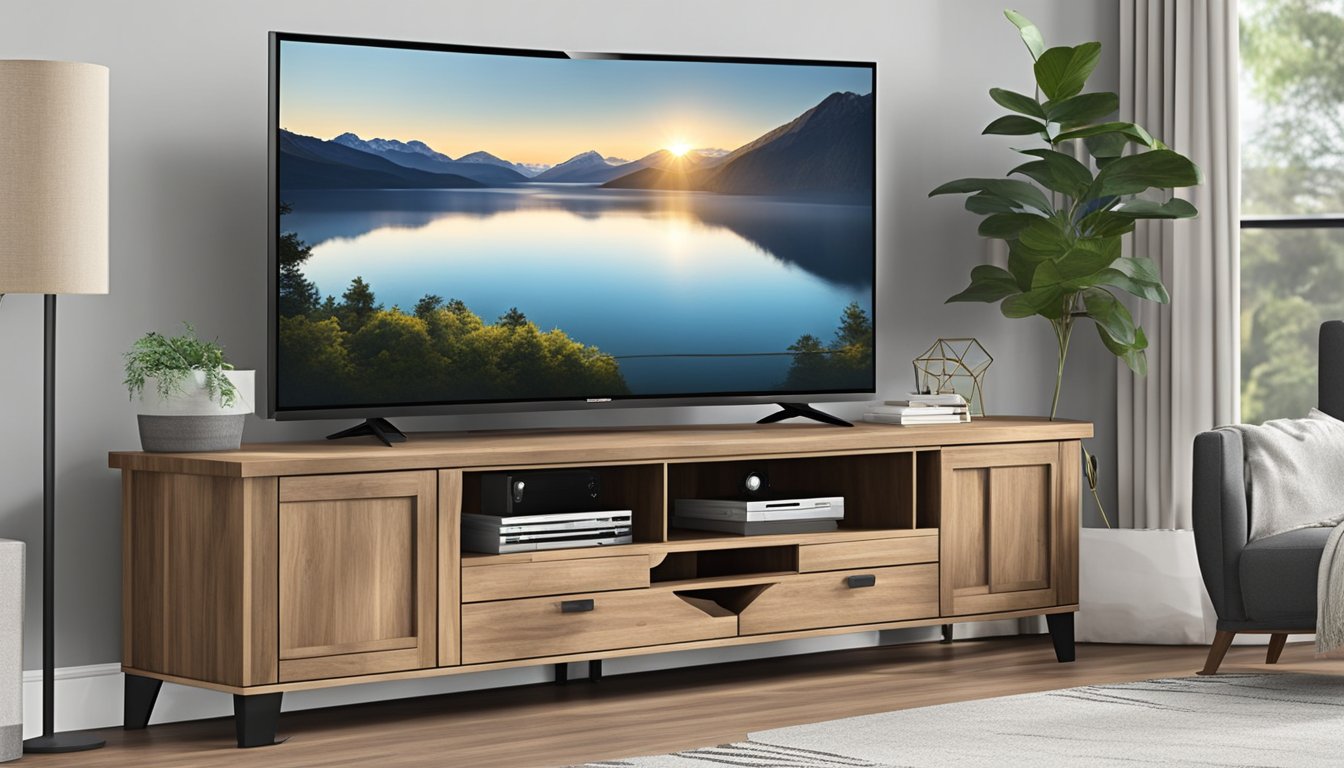 A 55-inch TV stand, 60 inches wide, 20 inches deep, and 25 inches high, made of sturdy wood with a sleek, modern design