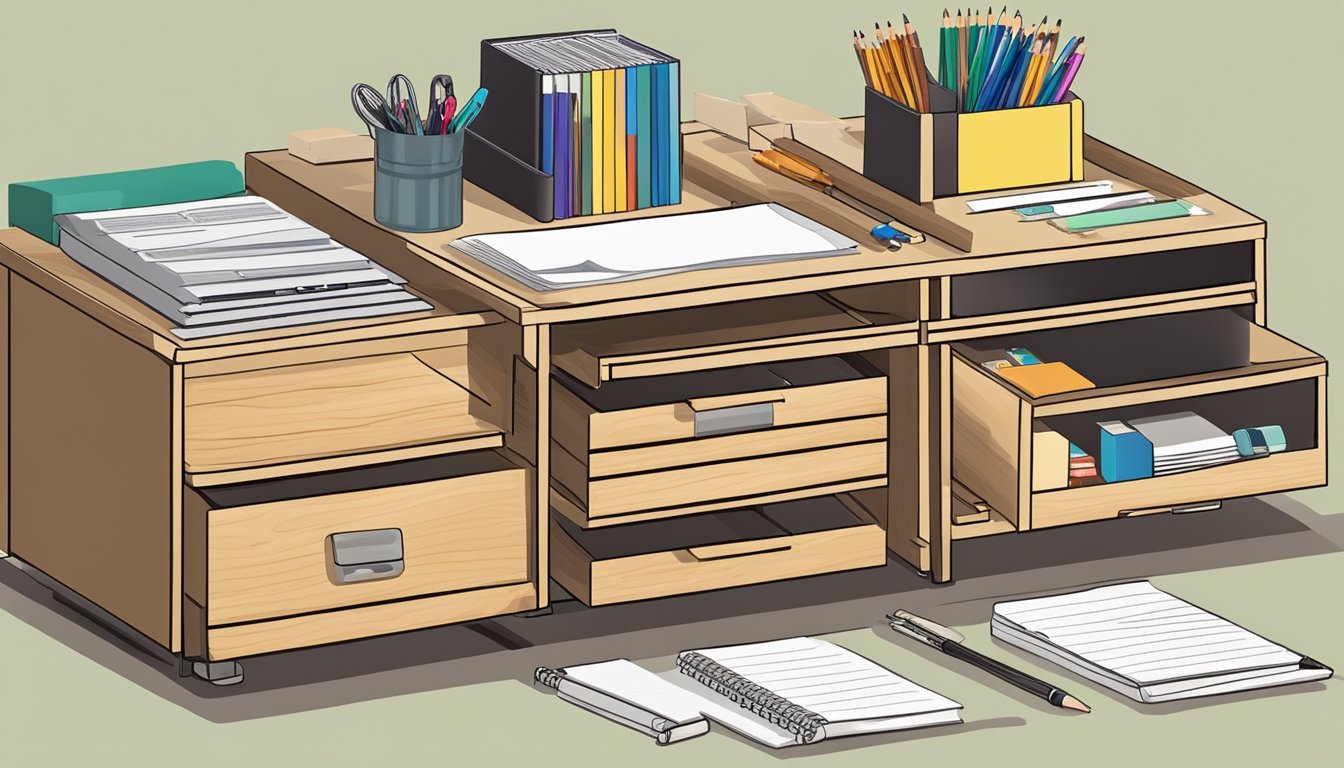 A small wood drawer unit sits on a table, with neatly labeled compartments and handles. It is surrounded by papers and office supplies, suggesting its use for organization and storage