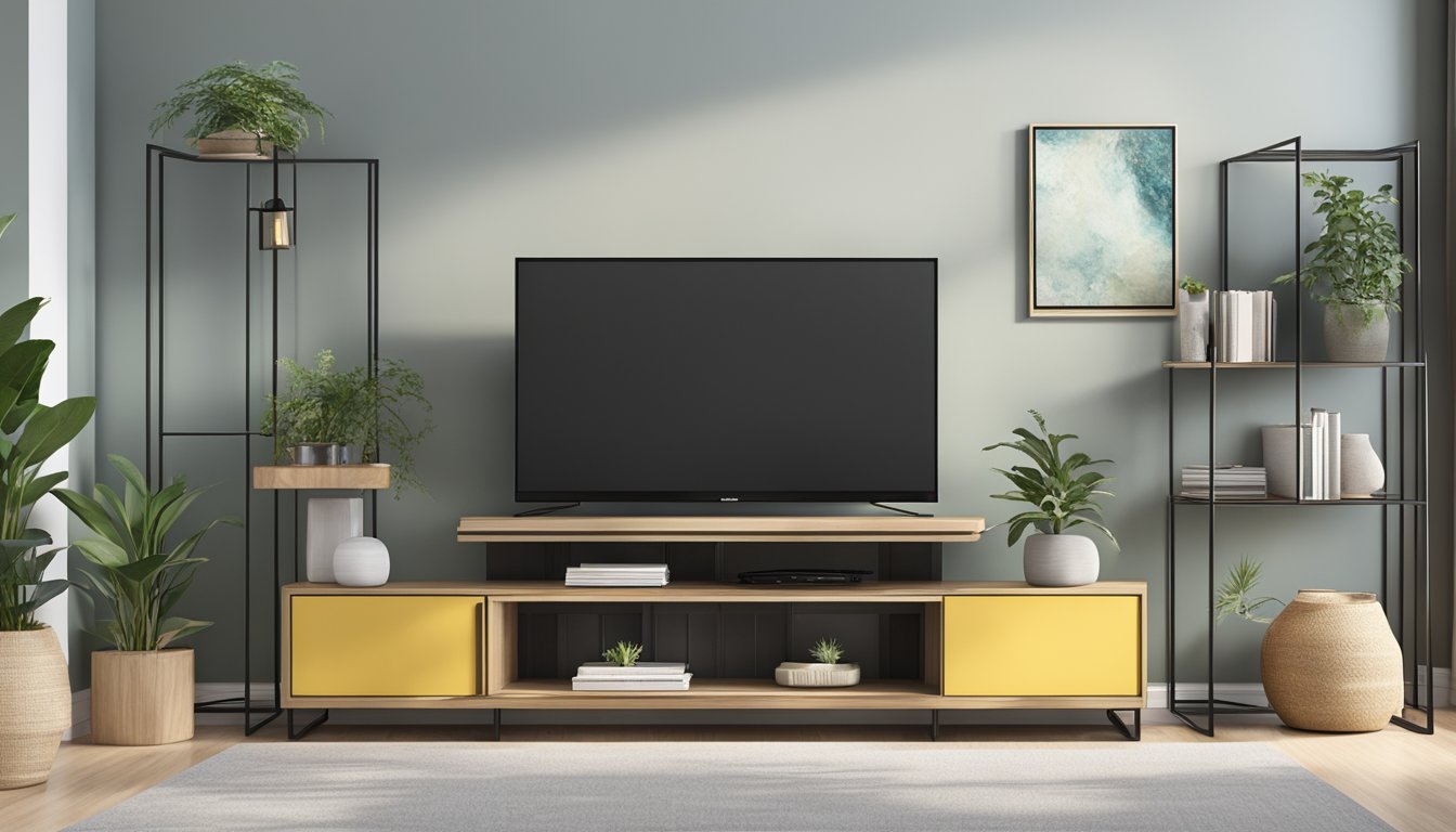 A 55-inch TV stand, with dimensions 55" x 15" x 20", sits in a well-lit room. The stand is sleek and modern, with a glossy finish and clean lines