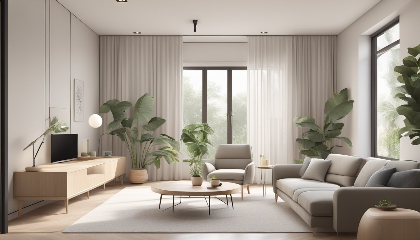 A modern, minimalist 3-room flat with clean lines, neutral colors, and functional furniture. Aesthetic touches include geometric patterns, indoor plants, and natural light