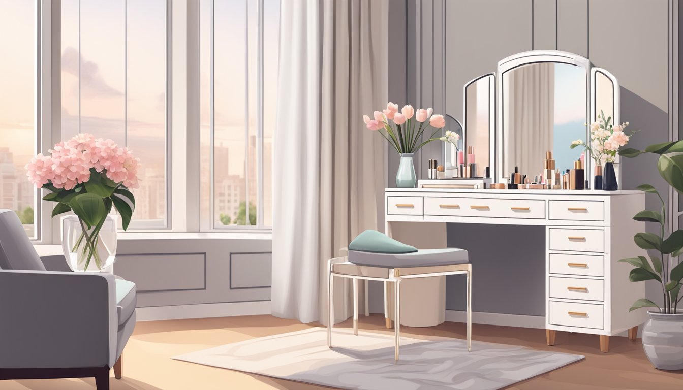 A well-lit bedroom dressing table with a large mirror, neatly arranged makeup and skincare products, a vase of fresh flowers, and a stylish chair