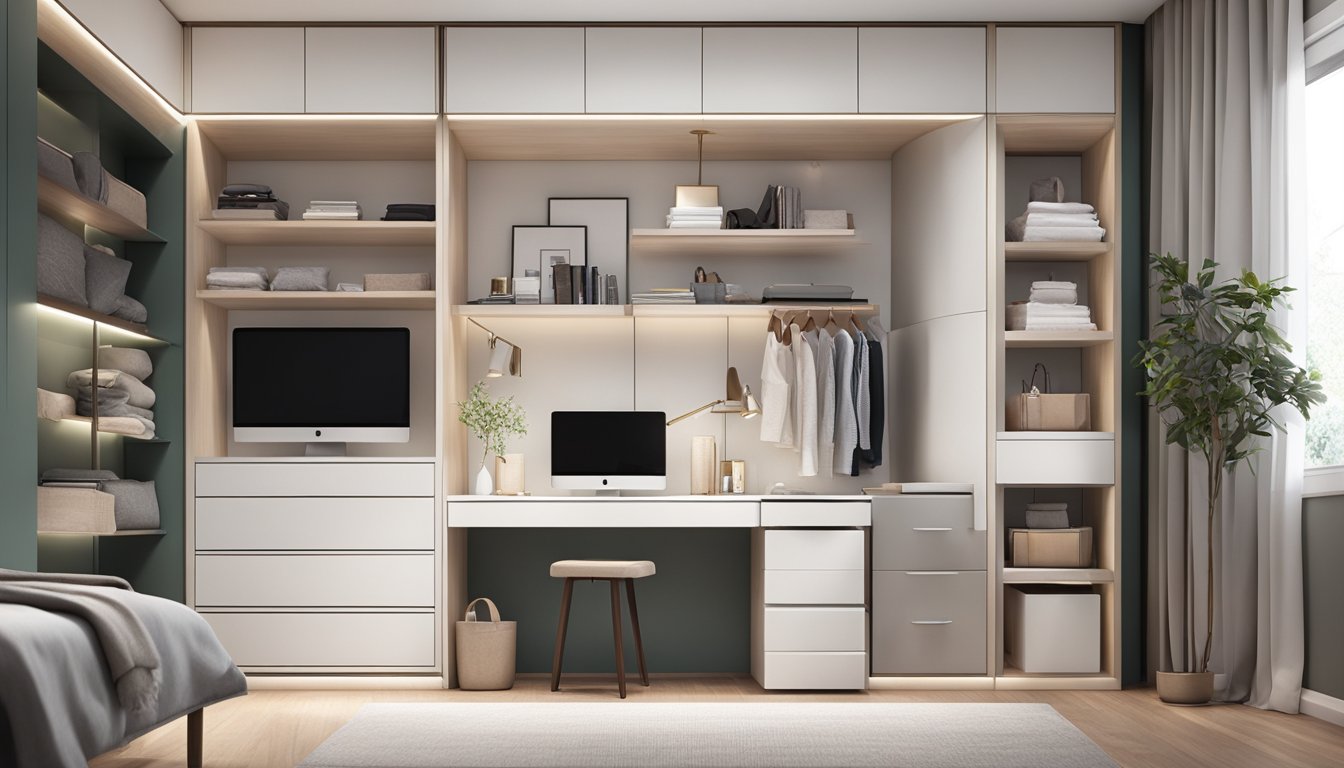 A bedroom with a sleek, wall-mounted dressing table, surrounded by built-in shelves and drawers, maximizing space and functionality