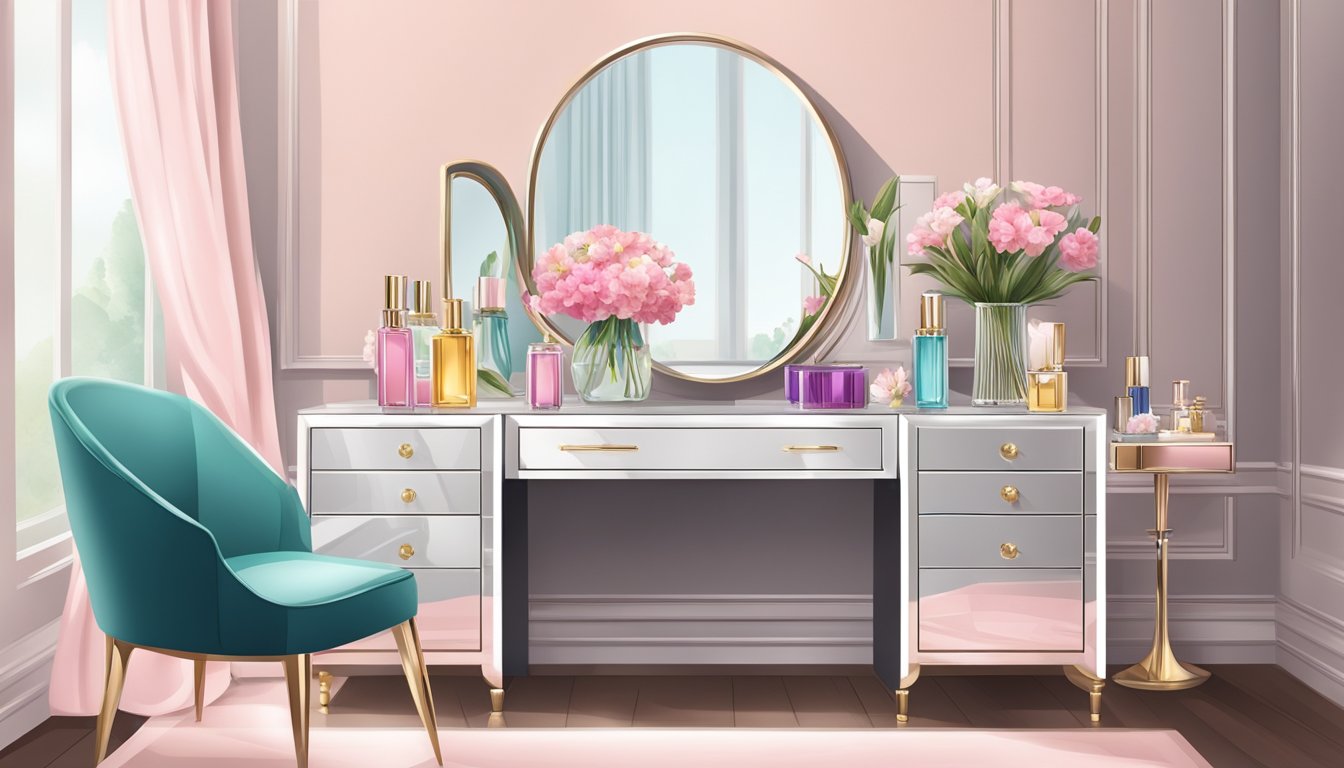 A sleek, modern dressing table with a large mirror, adorned with elegant perfume bottles, a jewelry box, and a vase of fresh flowers