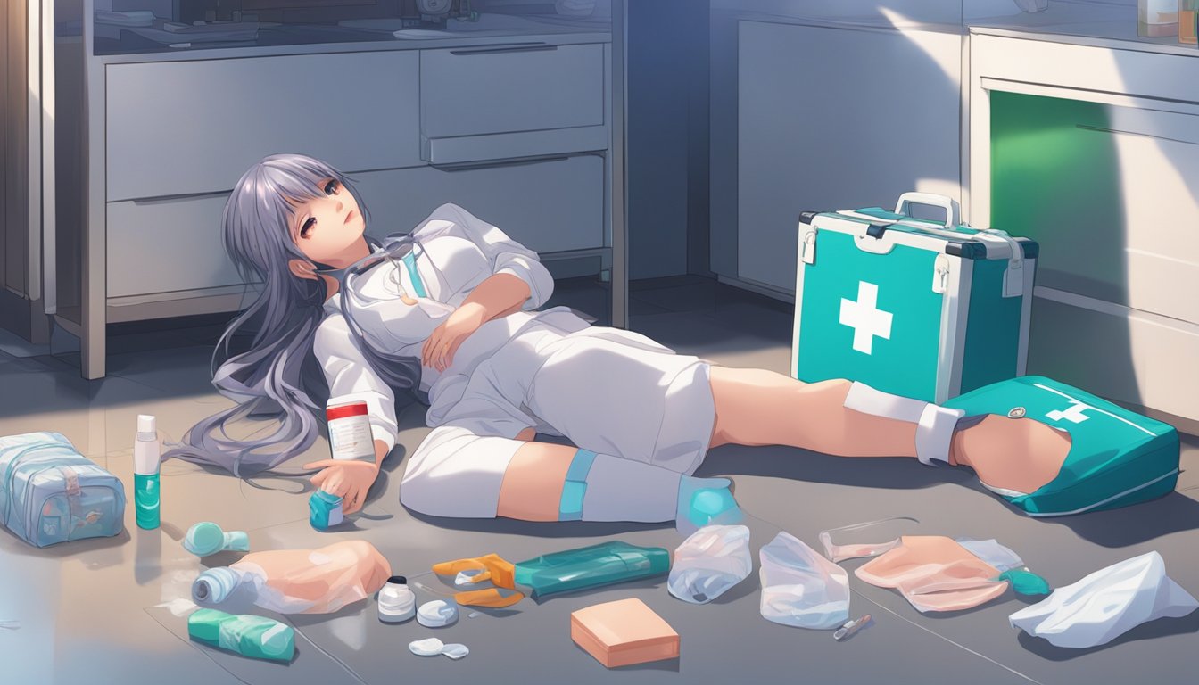 A sex doll lies on the floor with a tear in the silicone skin. A first aid kit is nearby with bandages and antiseptic spray