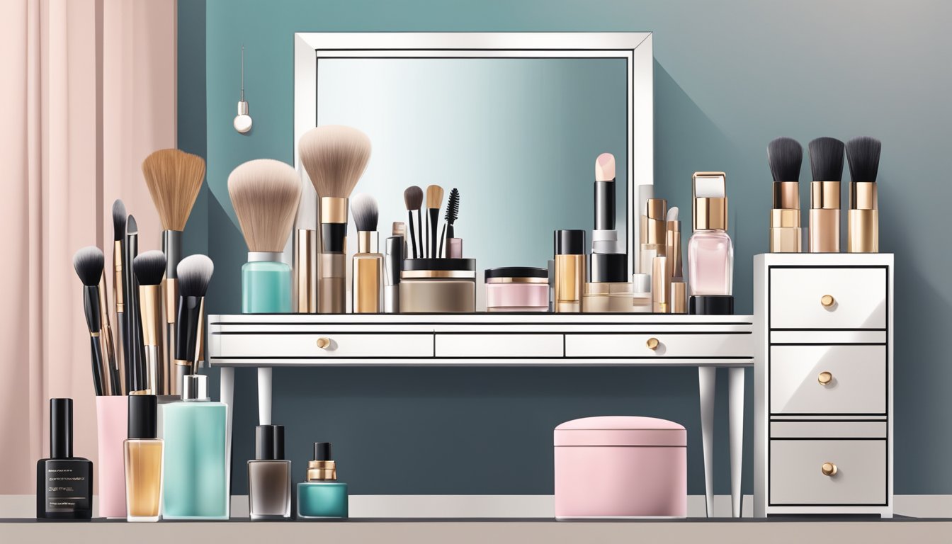 A neatly organized bedroom dressing table with a mirror, makeup brushes, perfumes, and jewelry displayed on a sleek and modern table