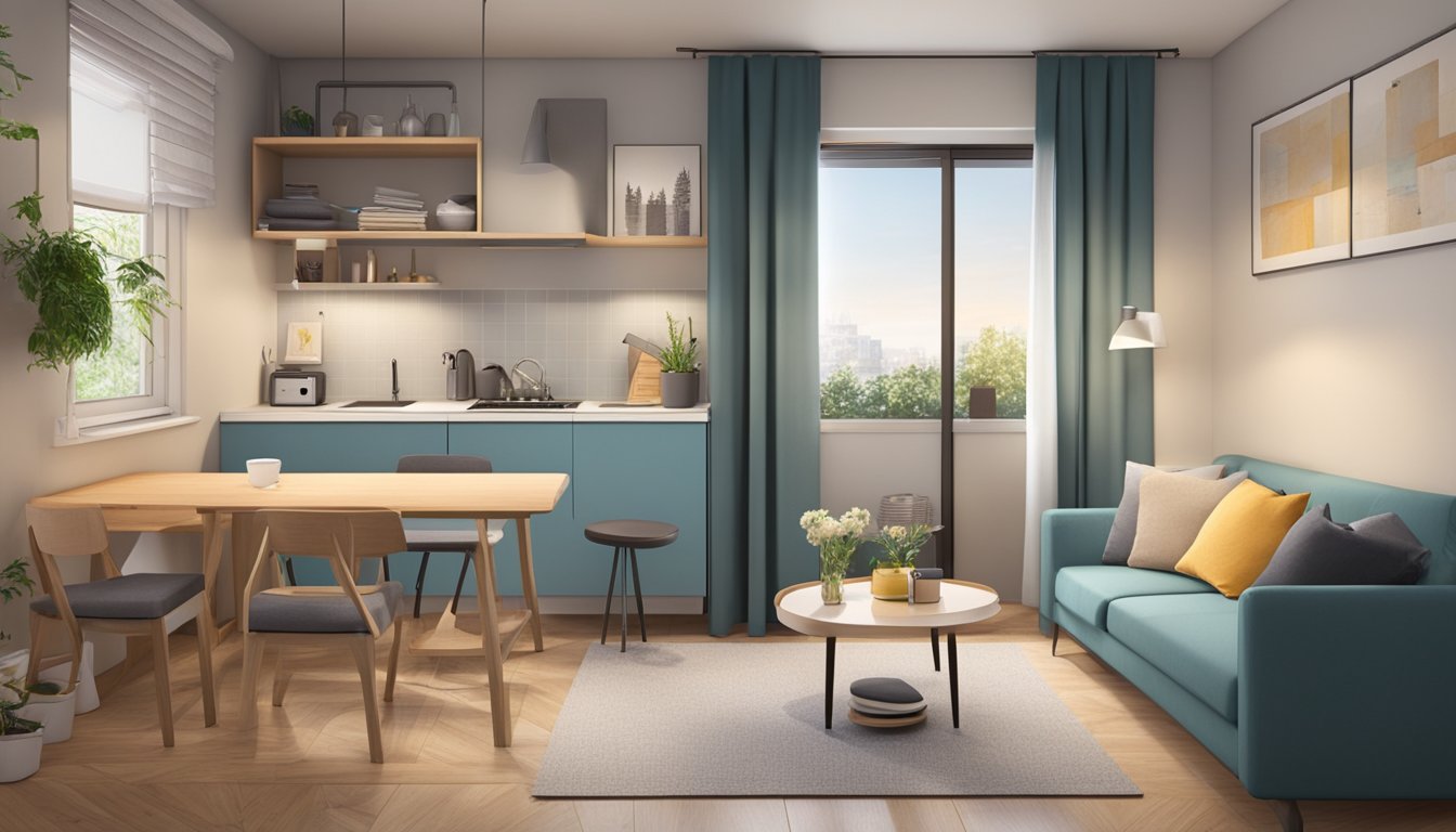 The small apartment features a cozy living room with a comfortable sofa, a compact dining area, and a functional kitchenette. The bedroom is furnished with a double bed, a small closet, and a bedside table