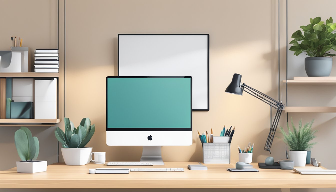 A modern, minimalist workspace with sleek furniture and plenty of natural light. A computer and design tools are neatly arranged on the desk