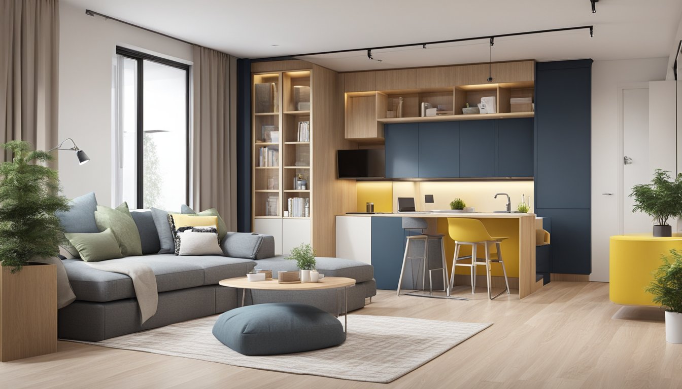 The small apartment is cleverly designed with multifunctional furniture and storage solutions, creating a sense of spaciousness and functionality