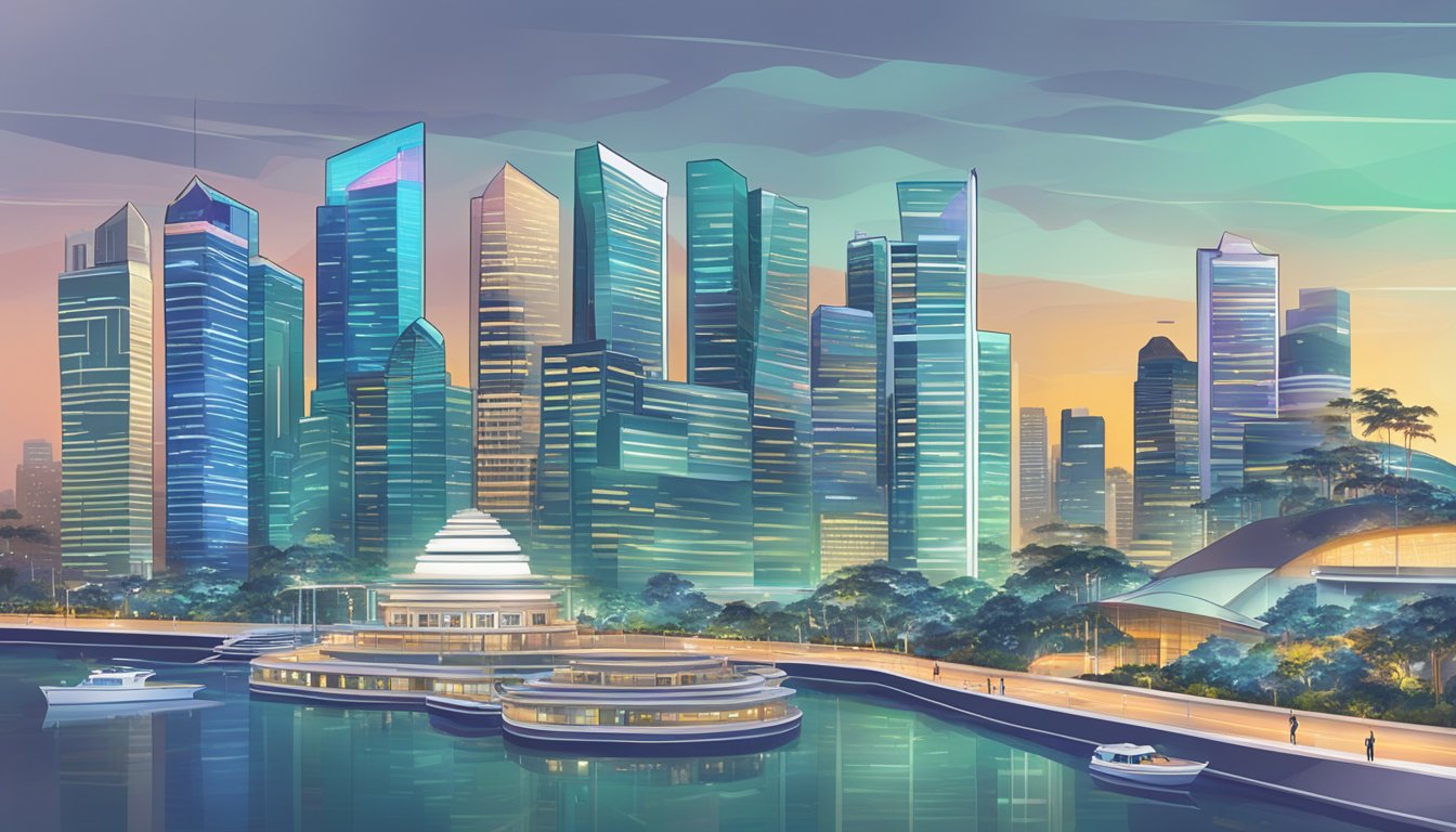A skyline of Singapore with prominent buildings and a digital interface displaying top paying companies for cybersecurity analysts