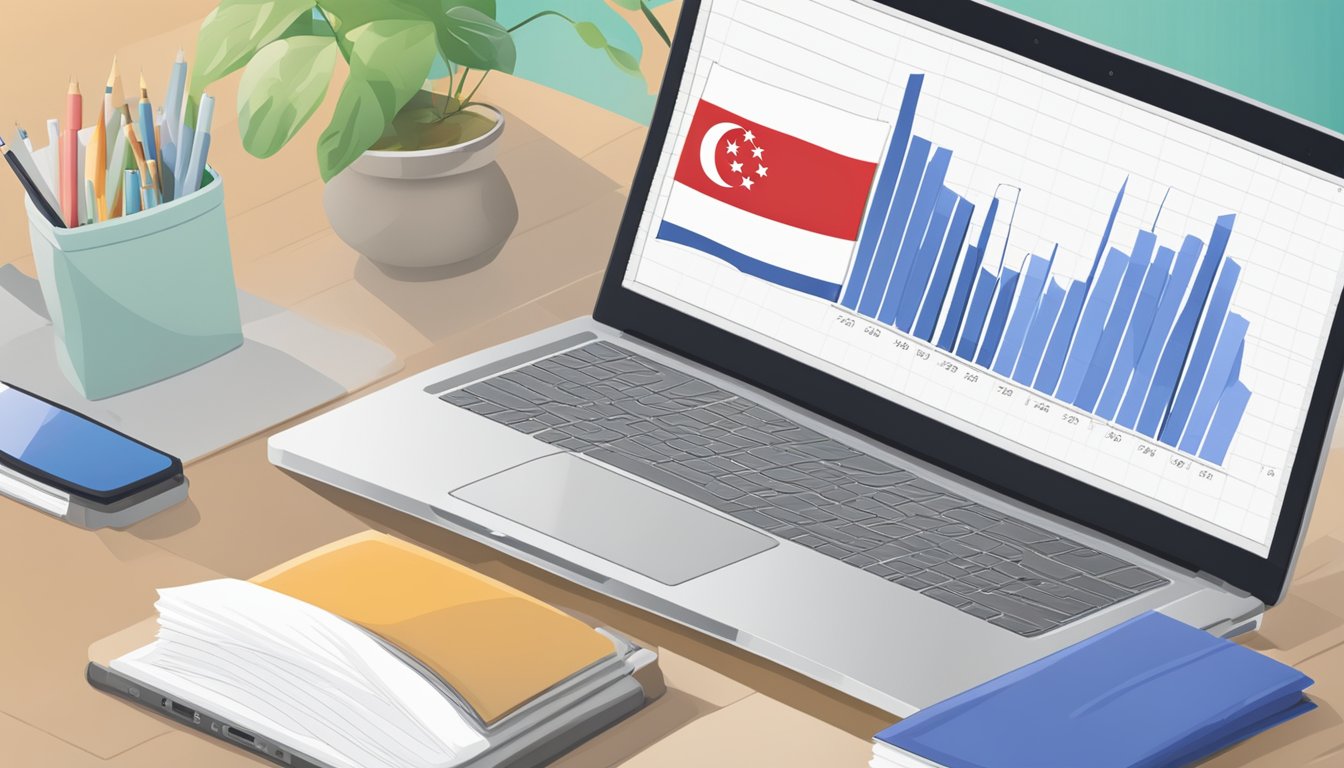A laptop displaying a graph of rising income and a Singaporean flag