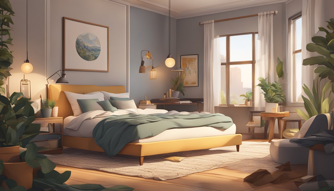 A cozy bedroom with a messy bed, scattered pillows, and a warm, inviting atmosphere