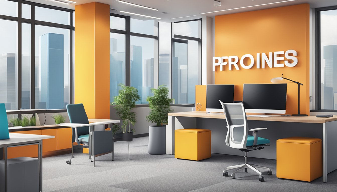 A modern office space with sleek furniture and vibrant accent colors, featuring the company logo prominently displayed on the wall