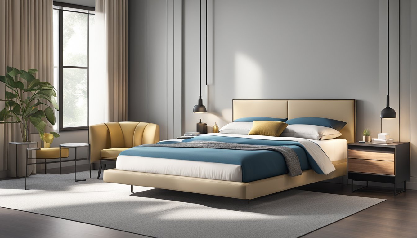 A modern bedroom with a sleek, low-profile platform bed, featuring clean lines, a padded headboard, and built-in nightstands
