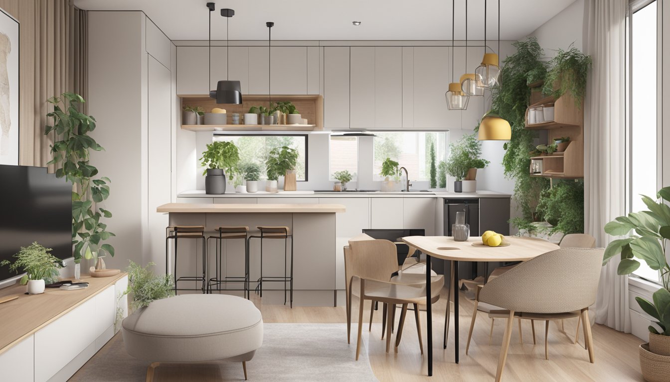 A cozy, clutter-free small apartment with clever storage solutions and multifunctional furniture. Neutral color palette with pops of color in accent pieces. Lots of natural light and greenery