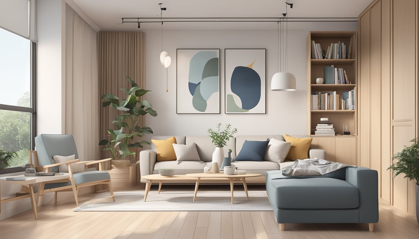A cozy living room with minimalist Scandinavian furniture in a Singaporean apartment. Light wood, clean lines, and functional design