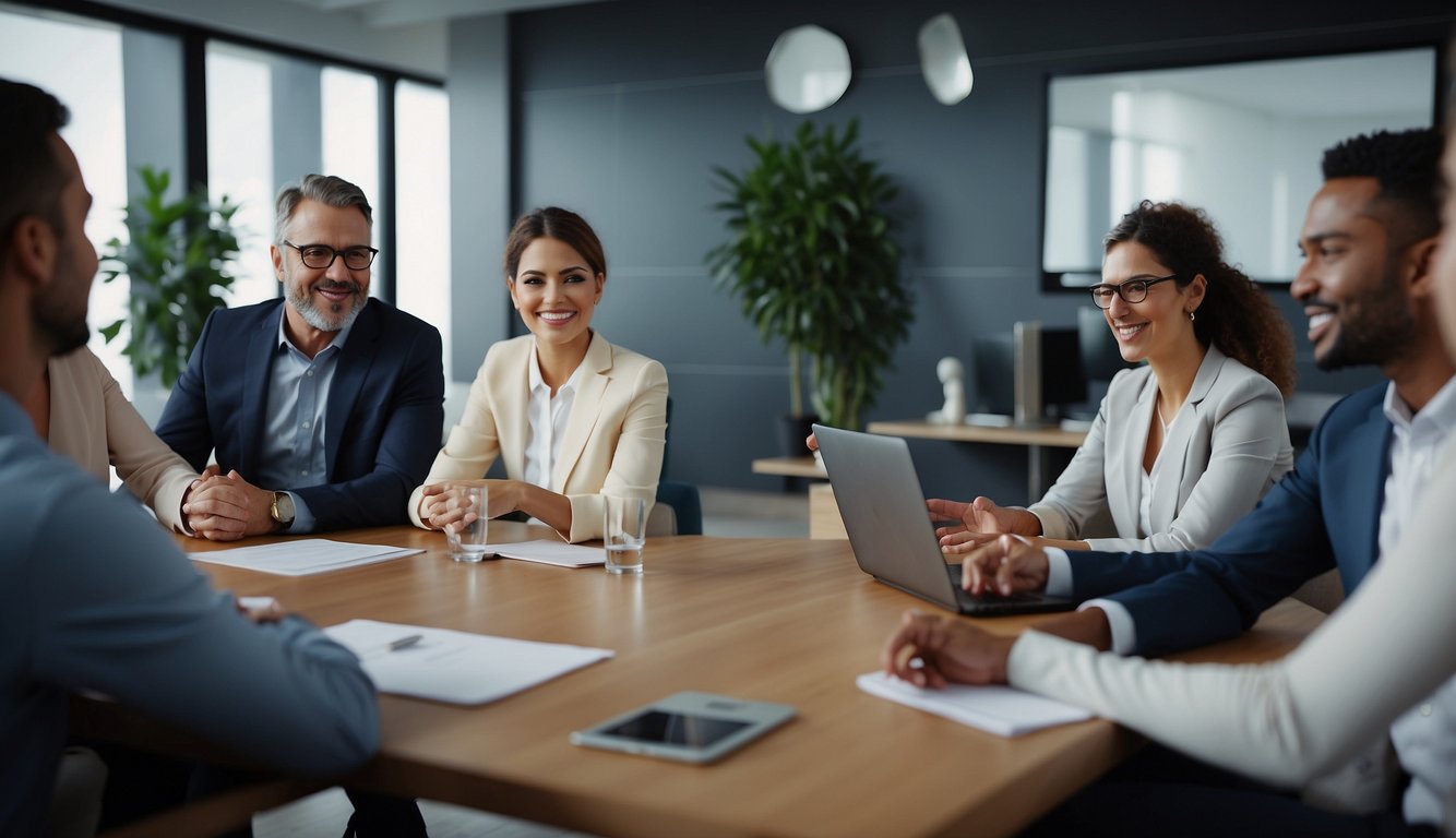 A virtual team meeting: A leader confidently guides the discussion, displaying empathy and understanding. Team members engage actively, showing respect and cooperation