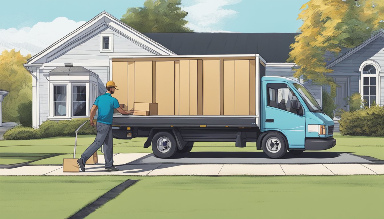 A delivery truck parks outside a house. A person unloads a boxed bed while another person signs for it