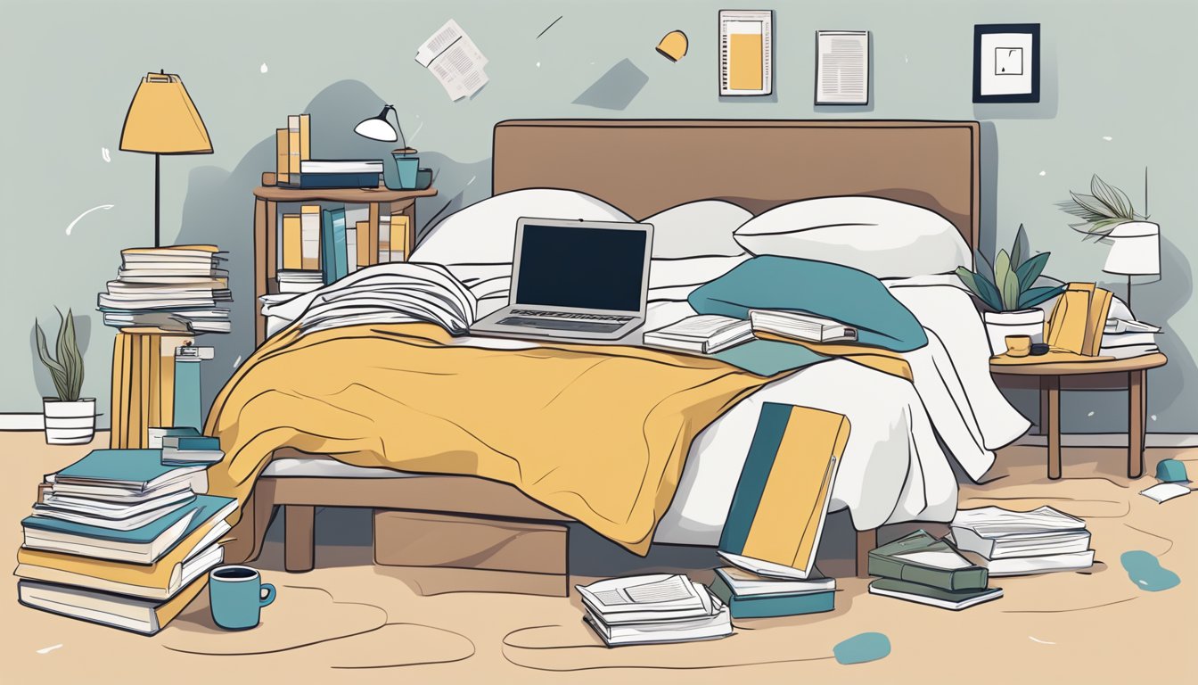 A messy bed with scattered books and papers, a laptop open with a FAQ page displayed, and a cup of coffee on the bedside table