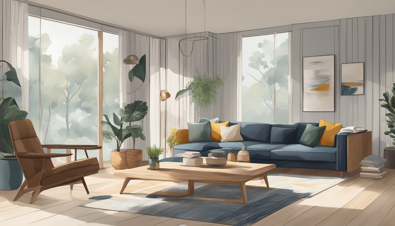 A bright, airy room with minimalist decor. Clean lines and natural materials like wood and leather. A mix of light and dark tones, with pops of color in textiles