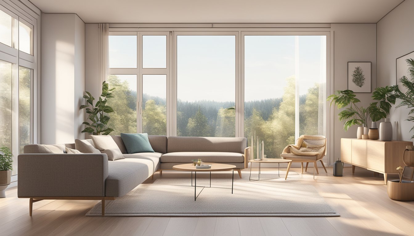 A modern living room with minimalist Scandinavian furniture, clean lines, neutral colors, and natural materials. Light pours in through large windows, illuminating the space