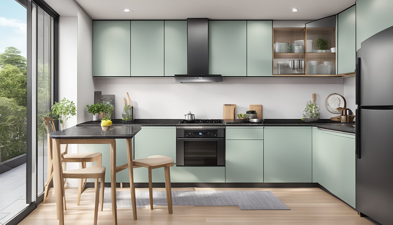 A modern 3-room HDB kitchen with sleek cabinets, granite countertops, stainless steel appliances, and a small dining area