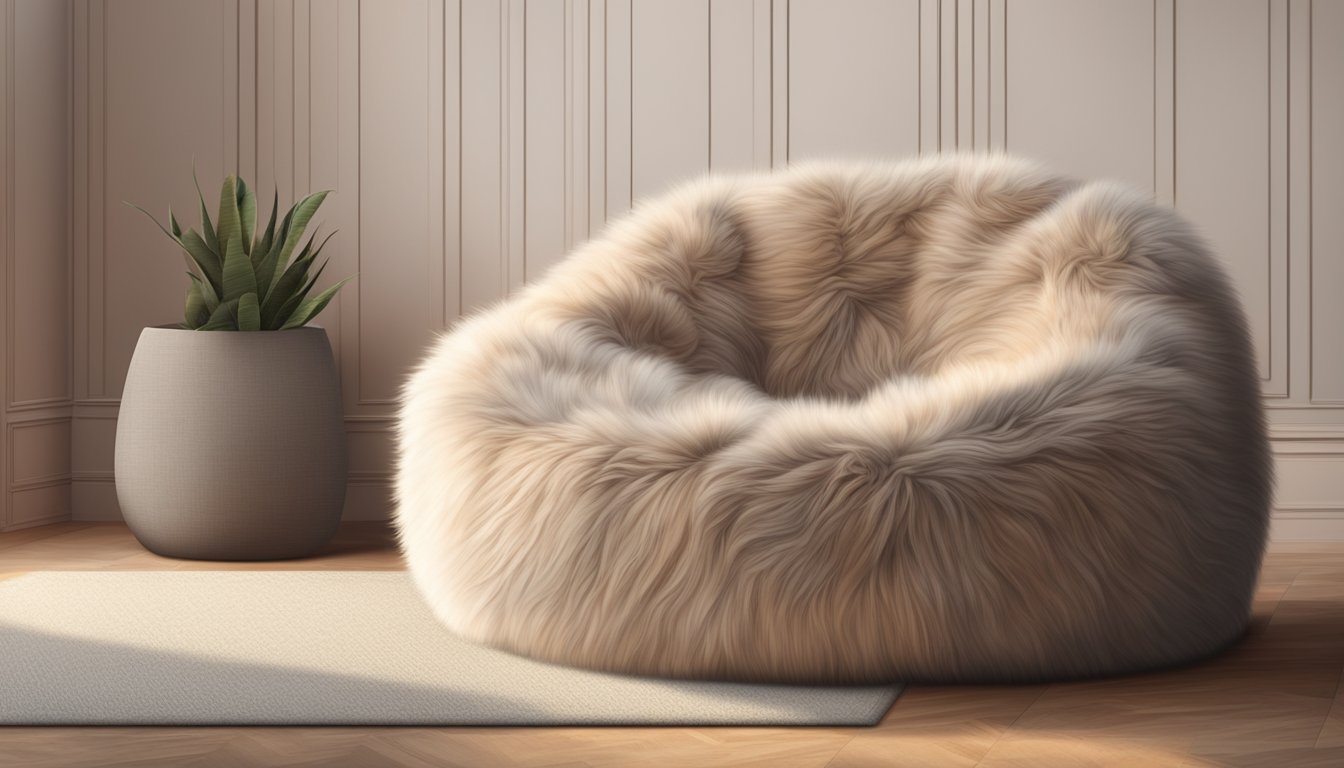 A fluffy fur beanbag sits in a cozy corner, inviting relaxation and comfort with its soft texture and warm color