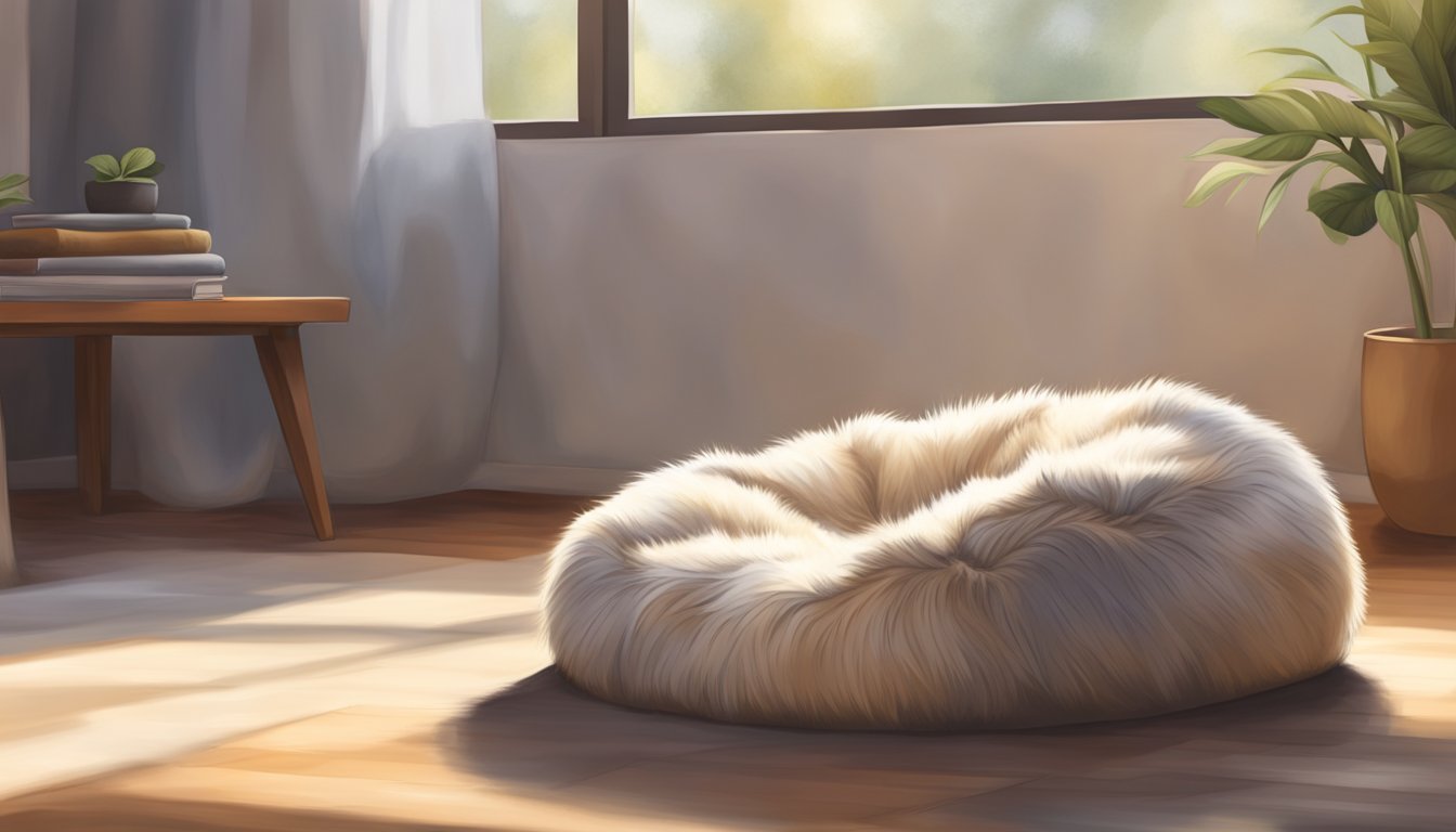 A cozy fur beanbag sits in a sunlit corner, inviting relaxation and comfort. Its soft texture and inviting shape beckon for a moment of rest and rejuvenation