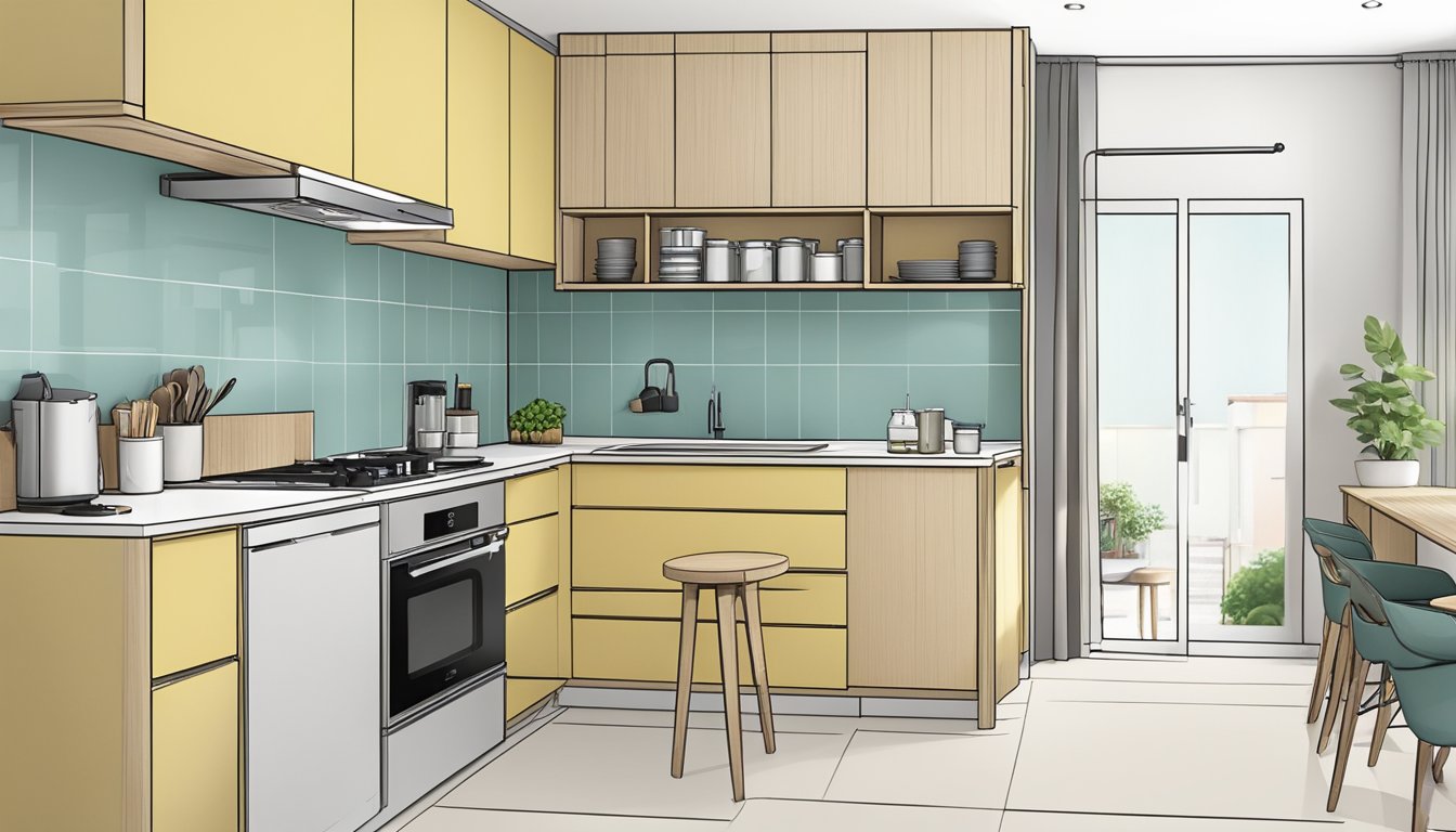 A compact 3-room HDB kitchen with clever storage solutions, pull-out shelves, and a foldable dining table for maximizing space