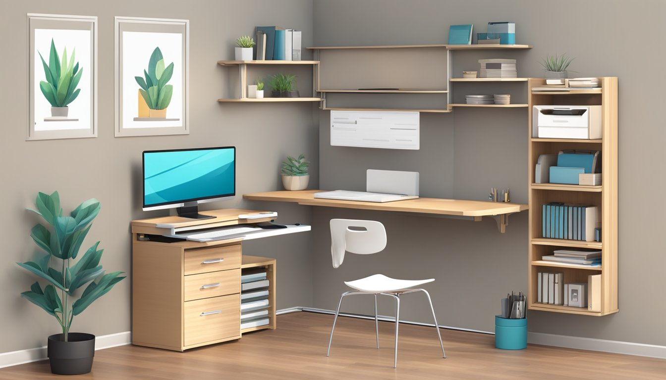 A compact desk with shelves and drawers, a foldable chair, and a laptop on the table. The wall-mounted monitor and keyboard tray maximize space