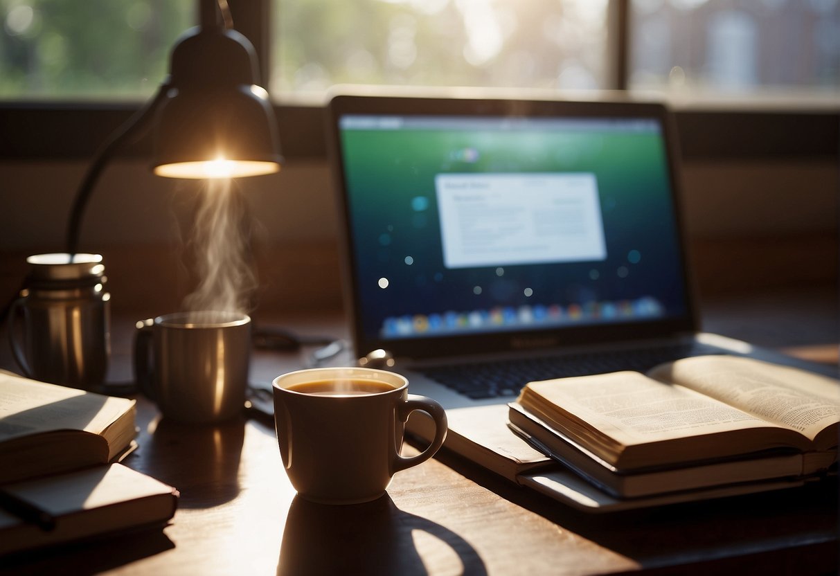 A cluttered desk with open books, a laptop, and various pill bottles. A steaming cup of coffee sits nearby. Sunlight filters through the window, illuminating the scene