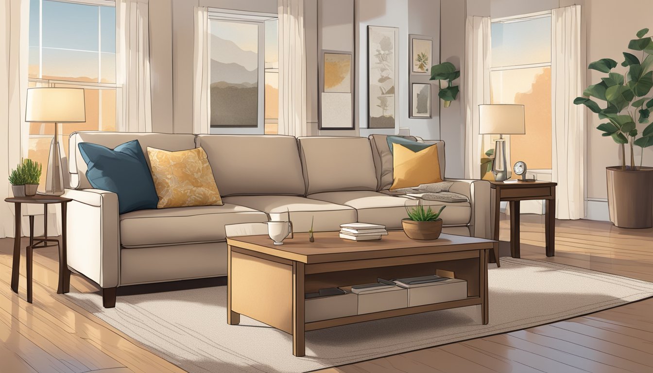 A single recliner sofa with a "Frequently Asked Questions" brochure on the side table, surrounded by a cozy living room with soft lighting and a warm color scheme