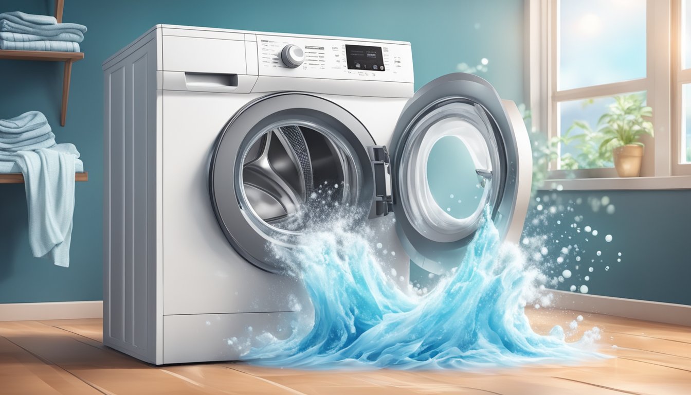 A large washing machine filled to its maximum capacity with clothes and detergent, with water cascading in from the top and a gentle hum of the machine in motion