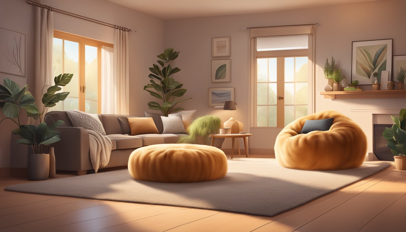 A cozy living room with a large, fluffy fur beanbag chair as the centerpiece. Soft lighting and a warm color scheme create a welcoming atmosphere