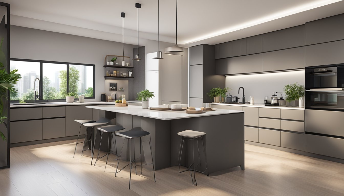 A modern 3-room HDB kitchen with sleek cabinets, integrated appliances, and a functional island for cooking and dining