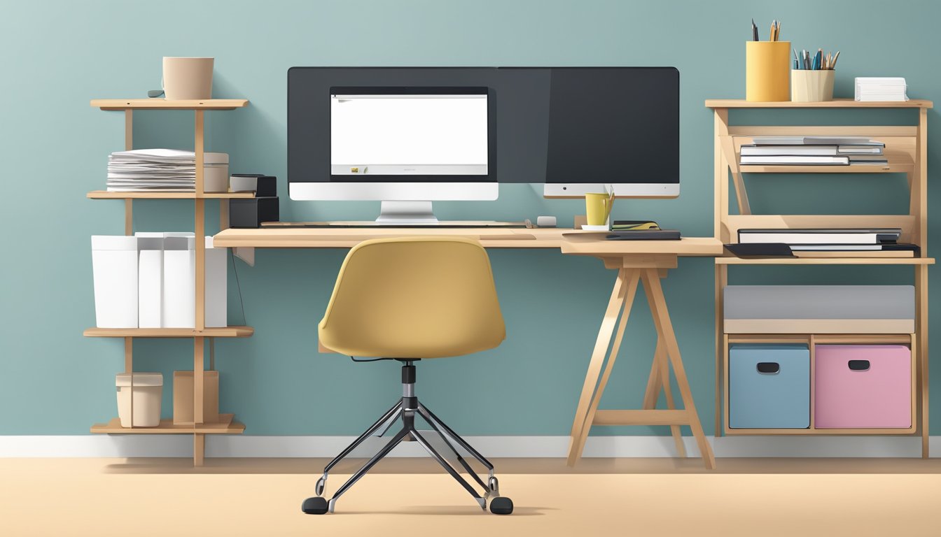 A compact desk with shelves, a foldable chair, and a laptop on a clean, clutter-free surface. A wall-mounted organizer holds office supplies