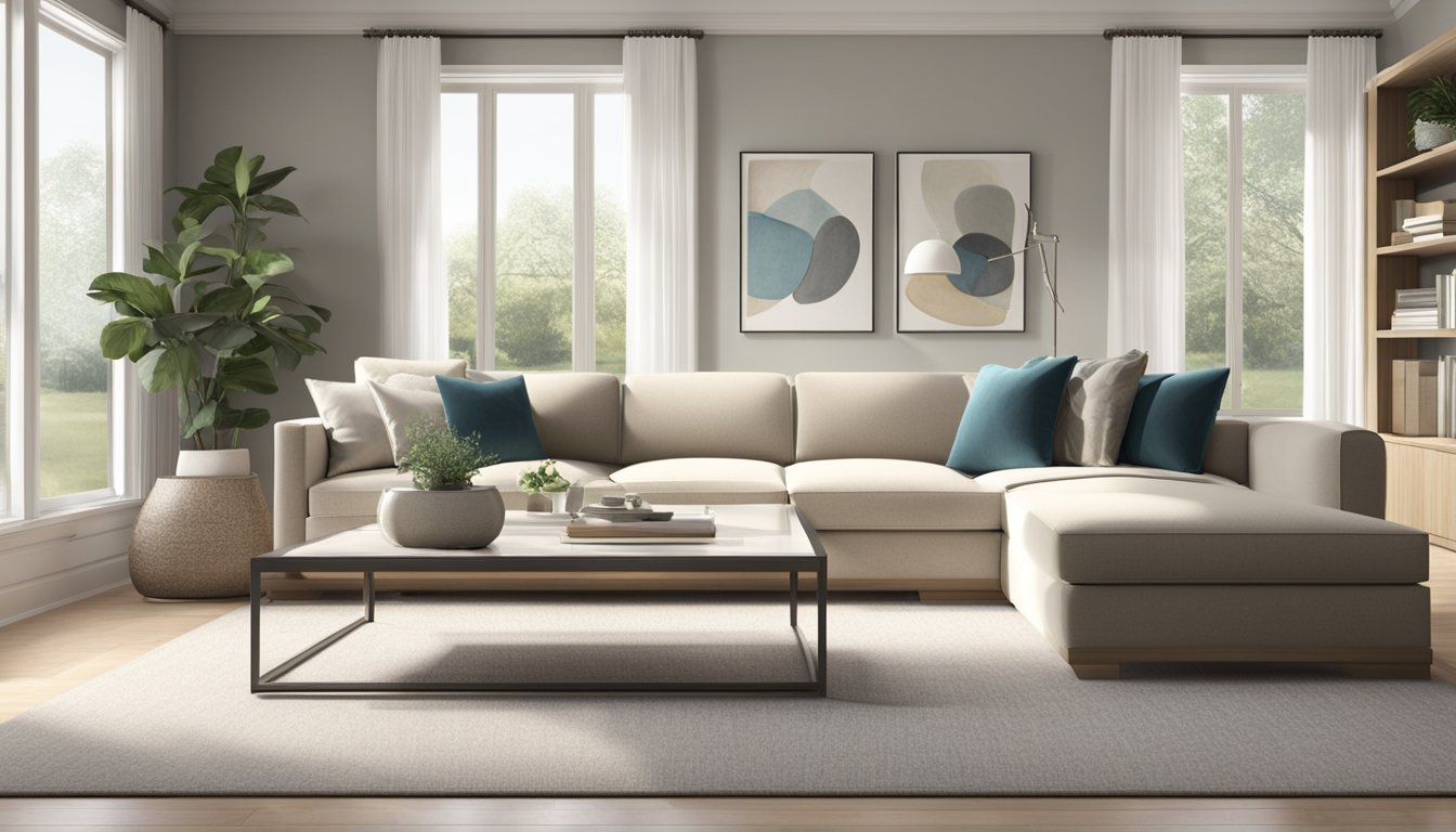 A modern sectional sofa sits in a spacious living room, with clean lines and neutral colors. The room is filled with natural light, and the sofa is adorned with decorative pillows