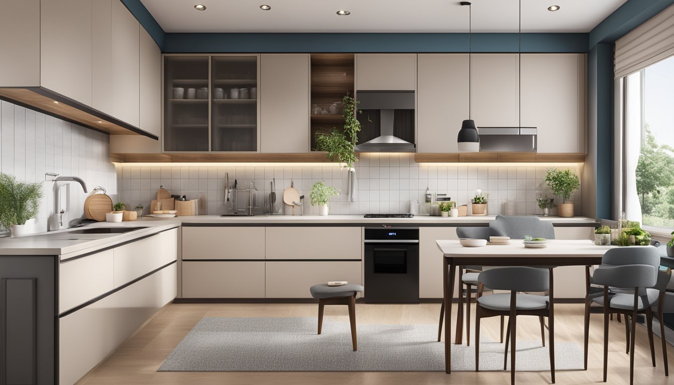 A cozy 3-room HDB kitchen with modern design, featuring sleek cabinets, a spacious countertop, and integrated appliances