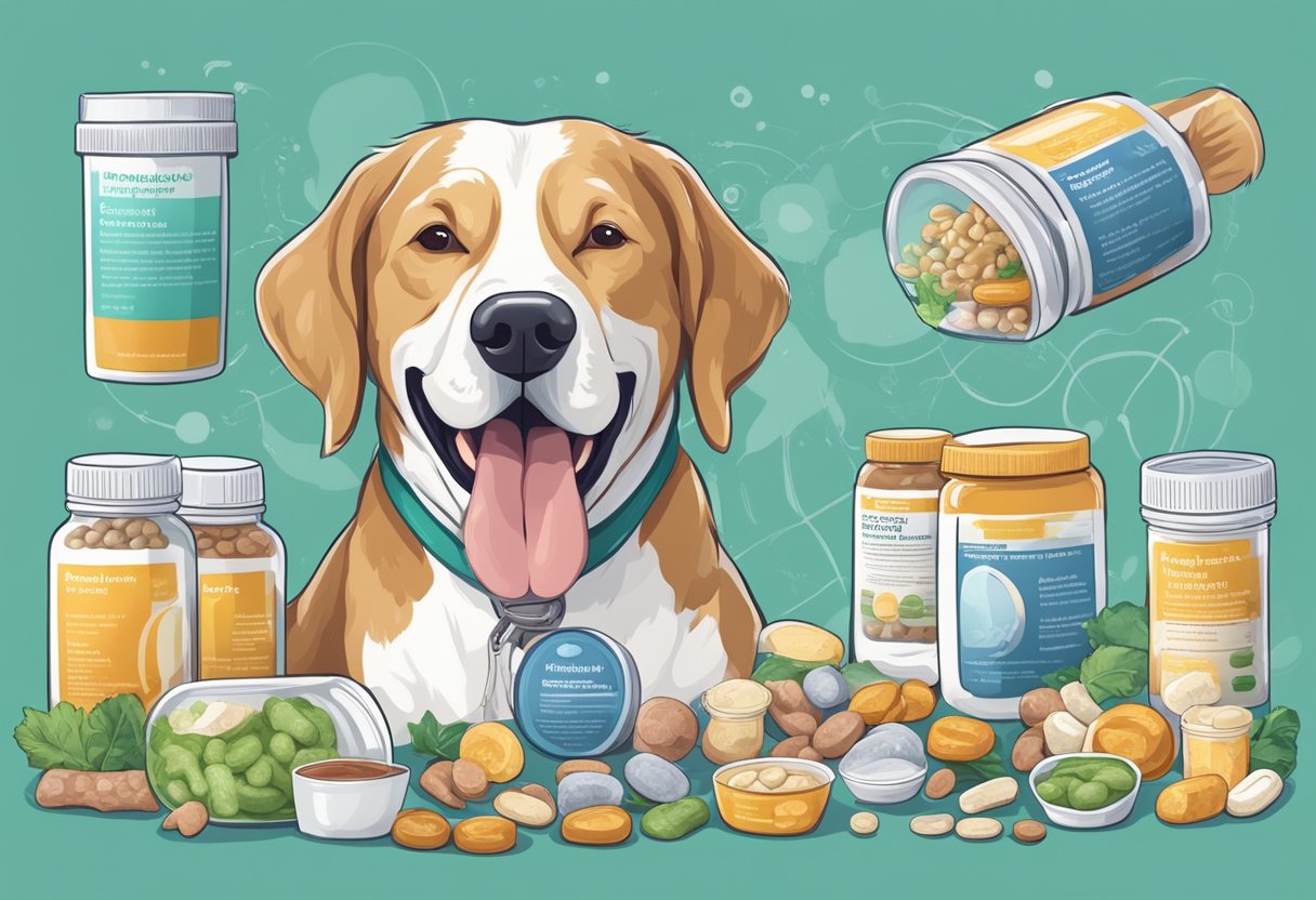 A senior dog happily eats probiotic supplements, surrounded by healthy digestive system illustrations