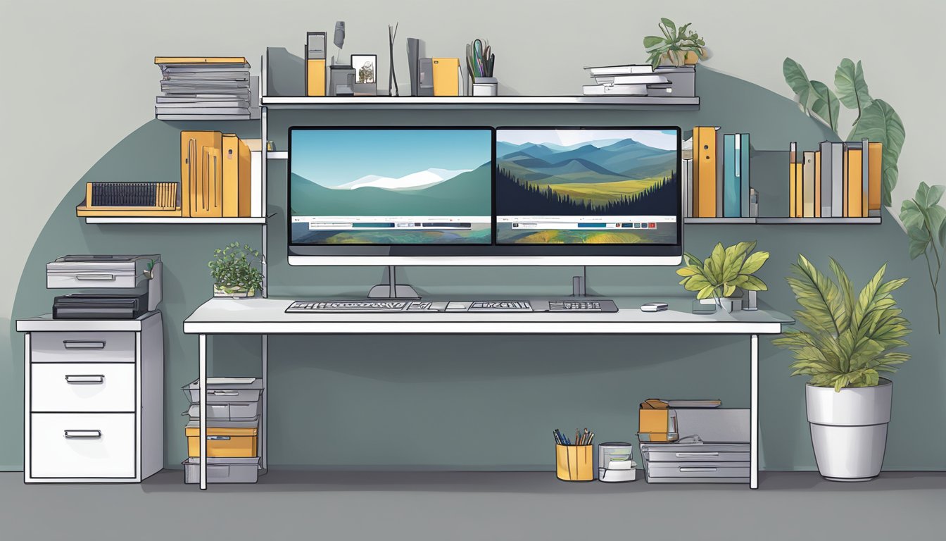 A clutter-free desk with dual monitors, a compact keyboard, and wall-mounted storage shelves