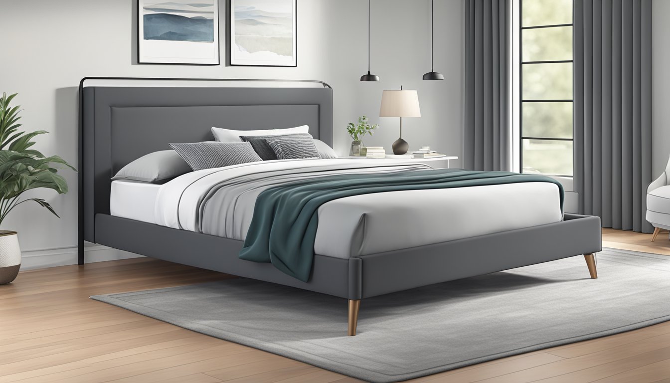A sleek, modern queen-sized bed frame stands tall, with clean lines and minimalist design
