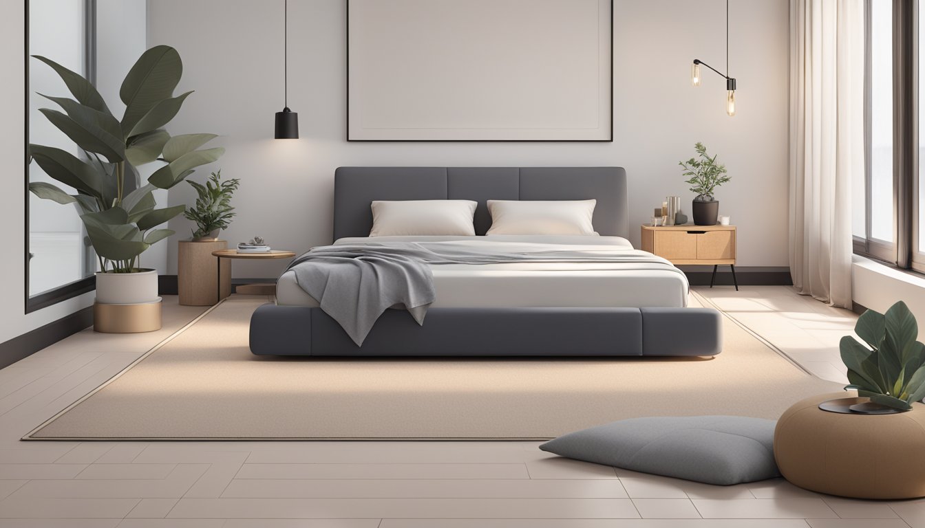 A cozy floor mattress in a minimalist Singaporean bedroom, with clean lines and neutral colors, surrounded by a few simple decor pieces