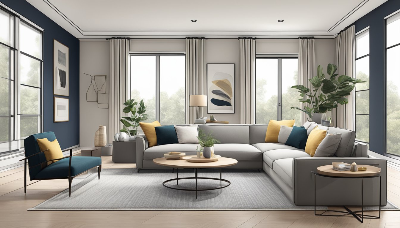 A spacious living room with a modern sectional sofa as the focal point. Clean lines, neutral colors, and comfortable cushions invite relaxation