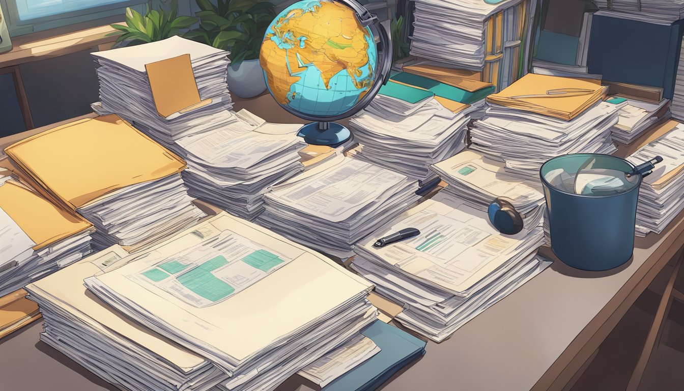 A stack of legal documents and import regulations spread out on a desk, with a globe and magnifying glass nearby for research