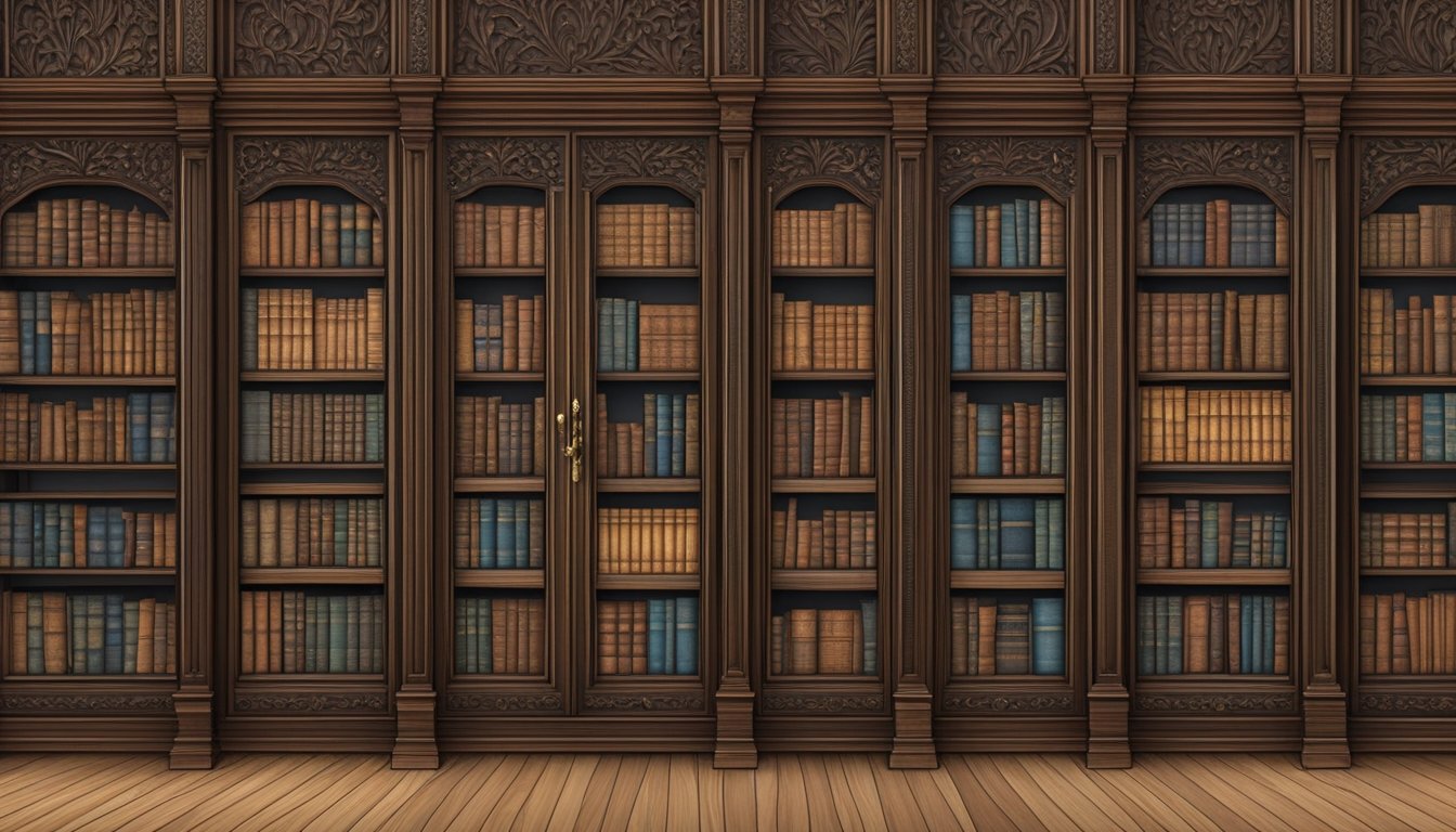 A tall book cabinet stands against the wall, filled with rows of books neatly arranged on the shelves. The cabinet is made of dark wood with intricate carvings and a glass door to showcase the collection