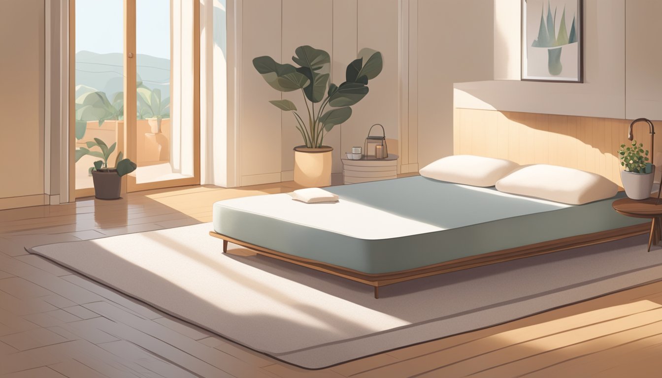 A person unrolling a floor mattress in a cozy, sunlit room with minimalistic decor and a serene atmosphere
